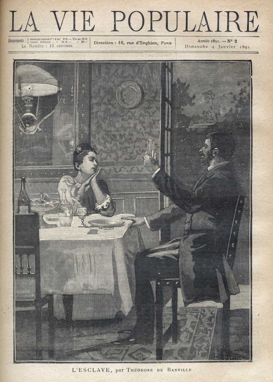 Nainen kuuntelee rakastavasti ja ihaillen hänen edessään istuvan miehen puhetta illallisella pariskuntana. B. Borionen kuvitus Theodore de Banvillen (1823-1891) teoksesta "The Slave". Kaiverrus vuodelta 1891 kirjassa "La vie populaire". Yksityinen kol tekijältä Bernard Louis Borione