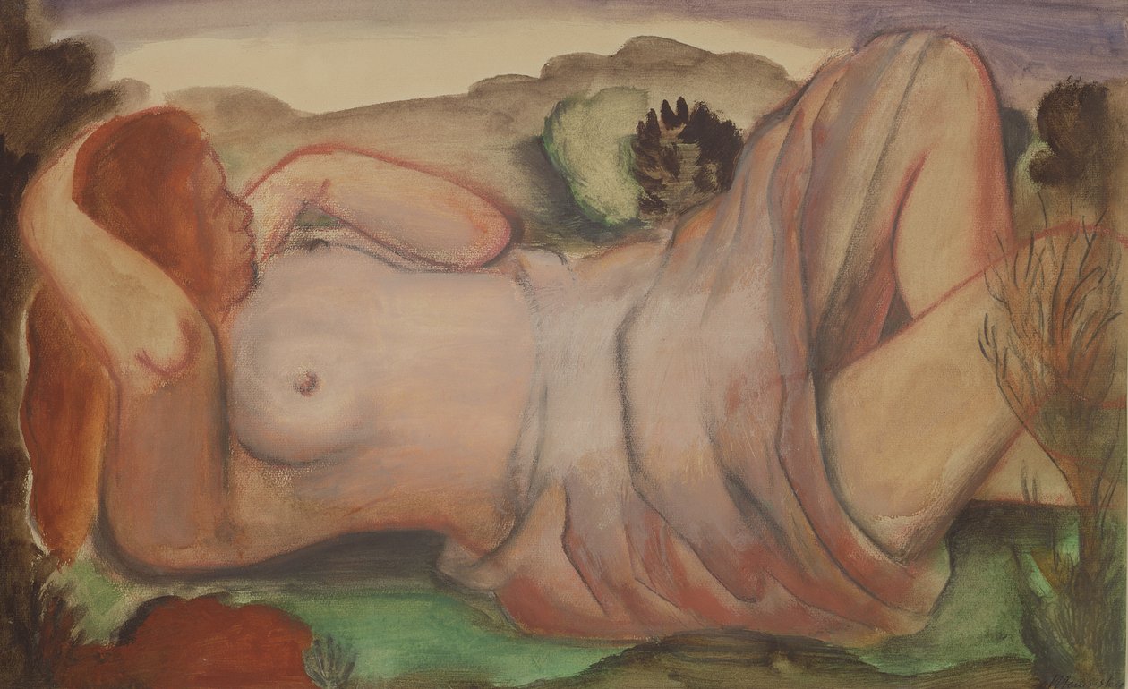 Makaava alastonkuva maisemassa, n. 1940 (guassi, akvarelli ja kynä) tekijältä Bernard Meninsky