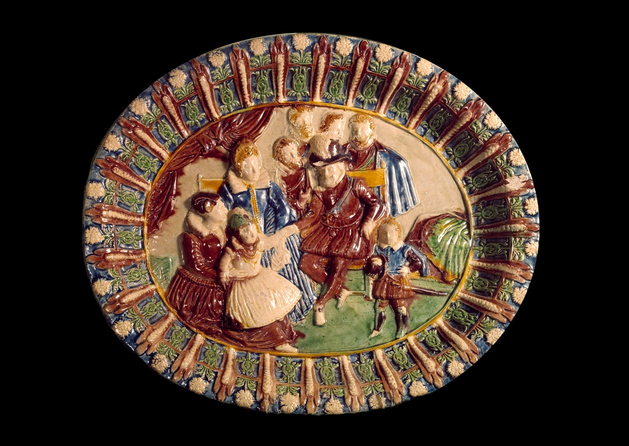 Henri IV:tä ja hänen perhettään edustava ruokalaji. Keramiikka lasitetussa maassa, Bernard Palissy (1510-1589) tekijältä Bernard Palissy