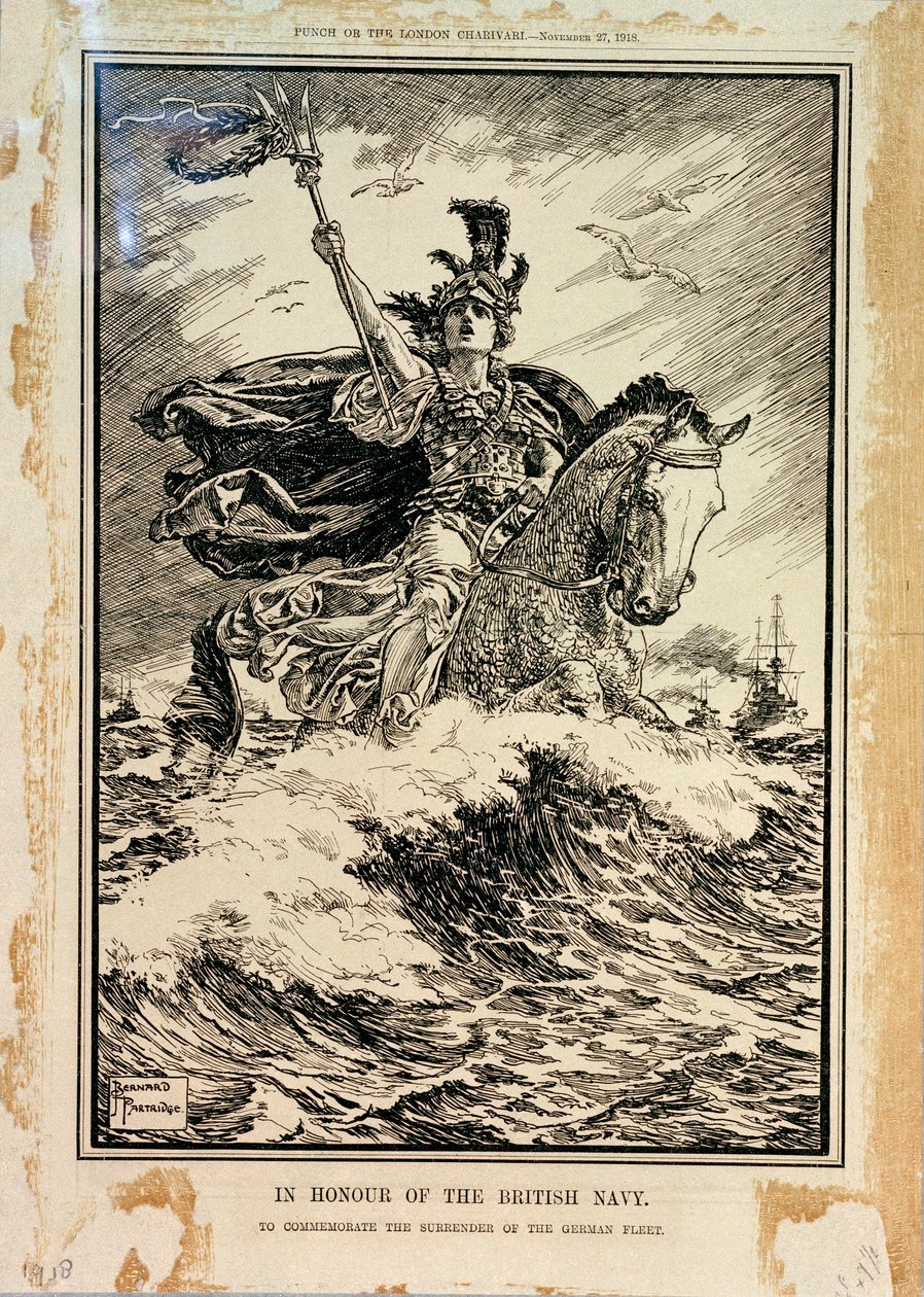 Britannian laivaston kunniaksi. Saksan laivaston antautumisen kunniaksi. Punch-lehden etukansi, 27. marraskuuta 1918. tekijältä Bernard Partridge