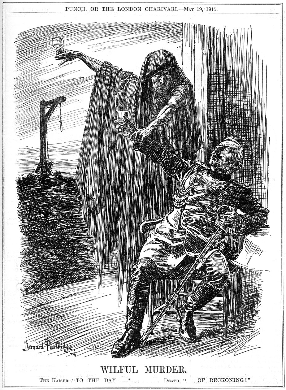 Punch-sarjakuva Lusitanian uppoamisesta, 1915 tekijältä Bernard Partridge