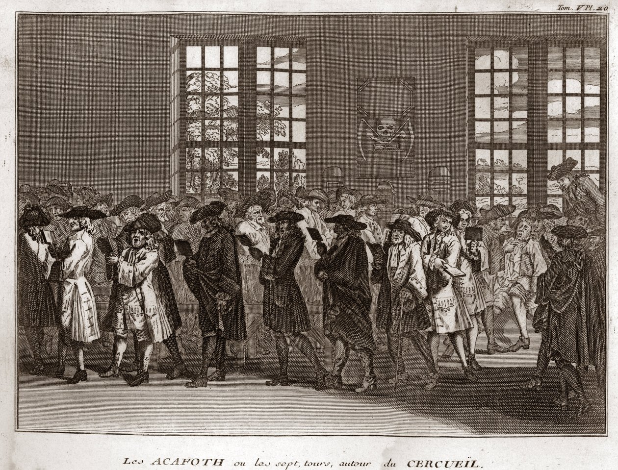 Juutalaisten surilaisten seurakunta suorittamassa "" Acafothia" hautajaisissa Kaiverrus aiheesta "" Kuvitus maailman kaikkien kansojen uskonnollisista seremonioista ja tavoista" Bernard Picart (1723-1743) 1819 Yksityinen kokoelma tekijältä Bernard Picart