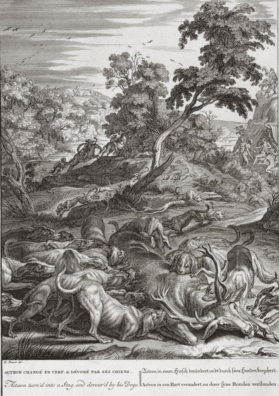 Actaeon muuttui hirvieläinksi, ja hänen koiransa söivät sen vuonna 1731 tekijältä Bernard Picart