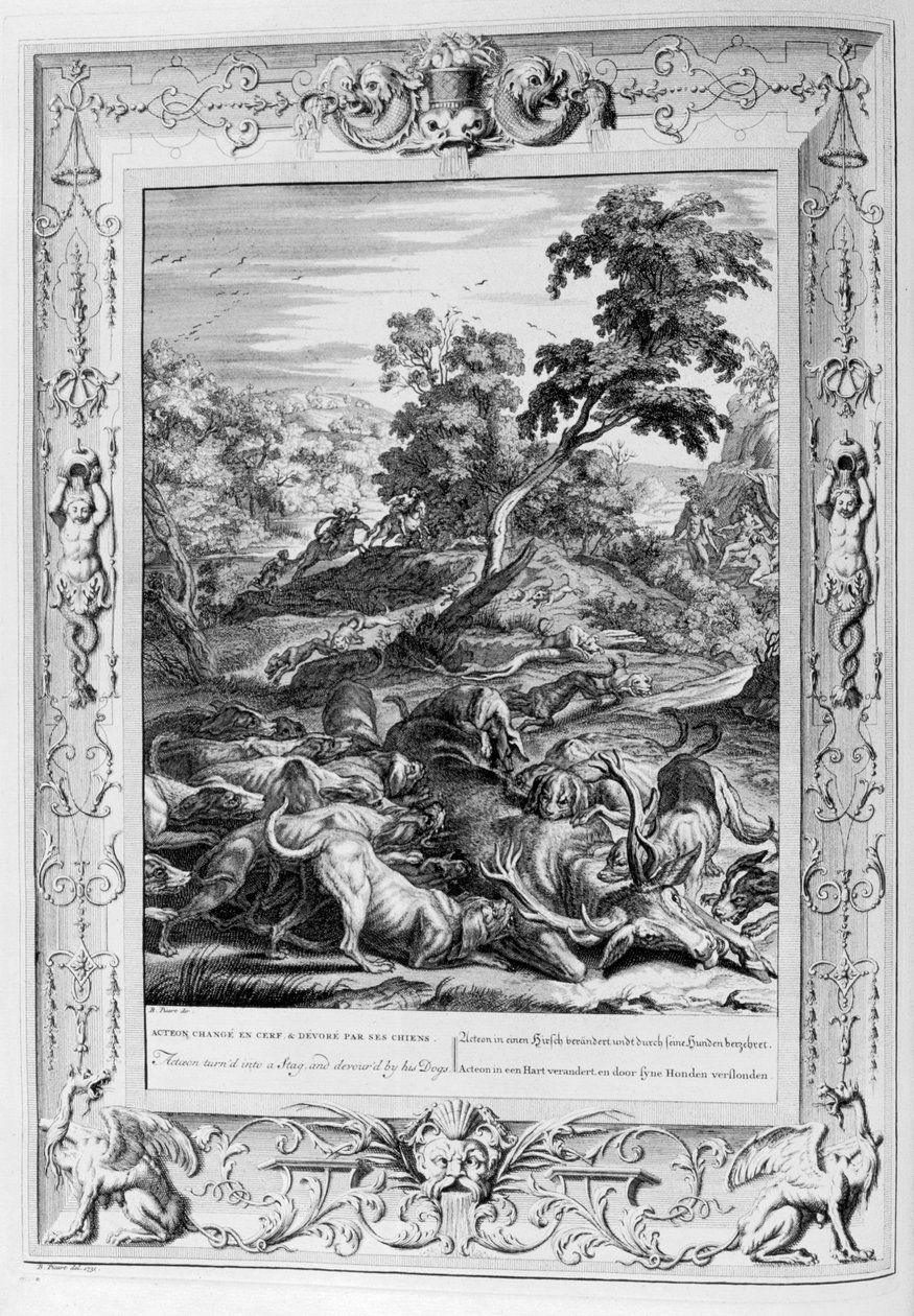 Actaeon muuttui hirvieläinksi, ja hänen koiransa söivät hänet vuonna 1733 tekijältä Bernard Picart