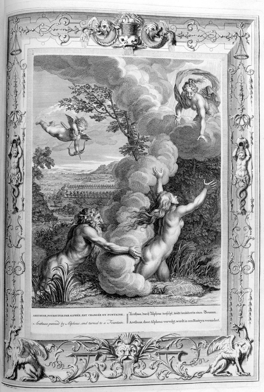 Alfeuksen jahtaama Arethusa, josta tuli suihkulähde, 1733 tekijältä Bernard Picart