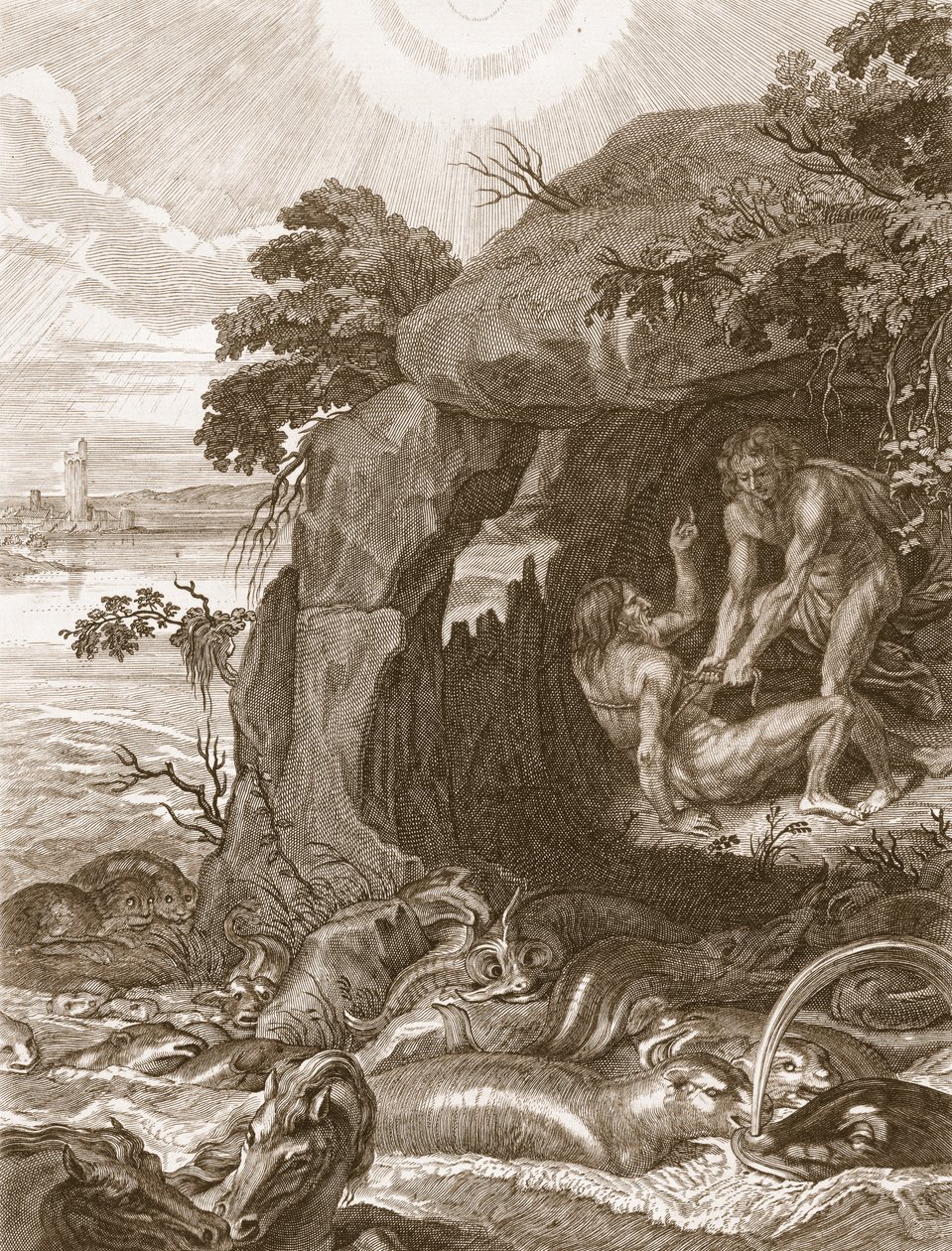 Aristeus pakottaa Proteuksen paljastamaan oraakkelinsa, 1731 tekijältä Bernard Picart