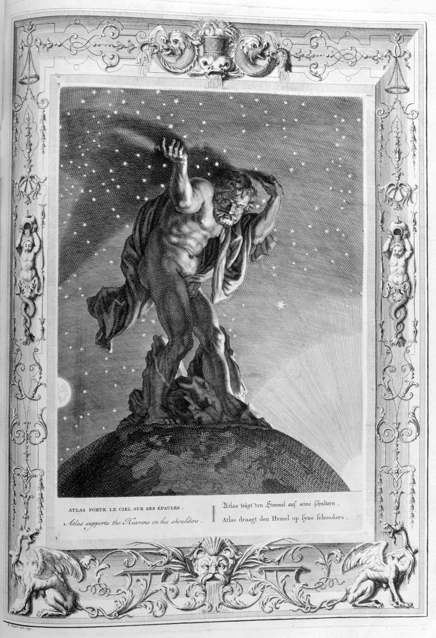 Atlas tukee taivaat harteillaan, 1733 tekijältä Bernard Picart