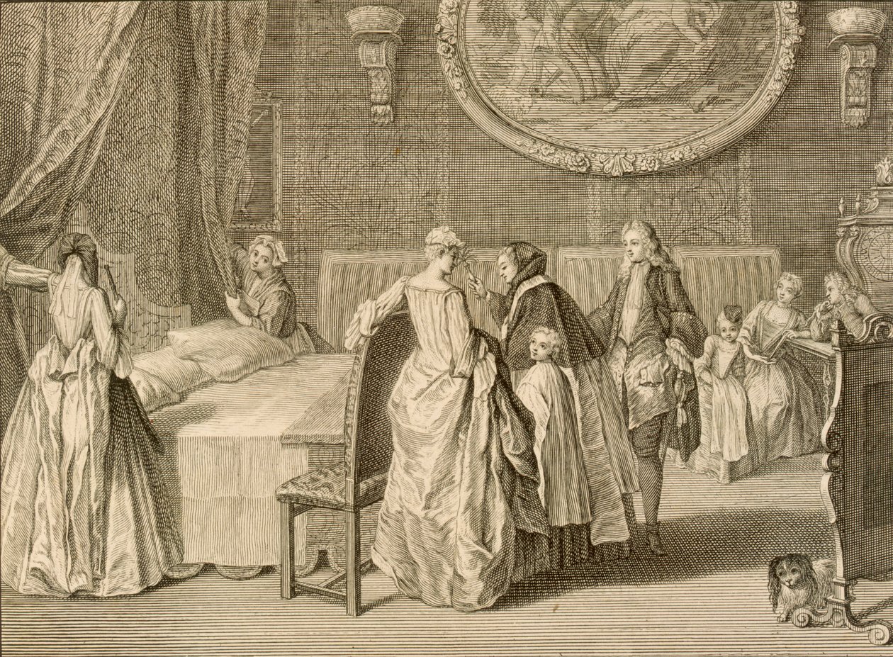 Avioliittovuoteen siunaus, kuvitus teoksesta "Uskonnolliset seremoniat ja tullit", 1724 tekijältä Bernard Picart
