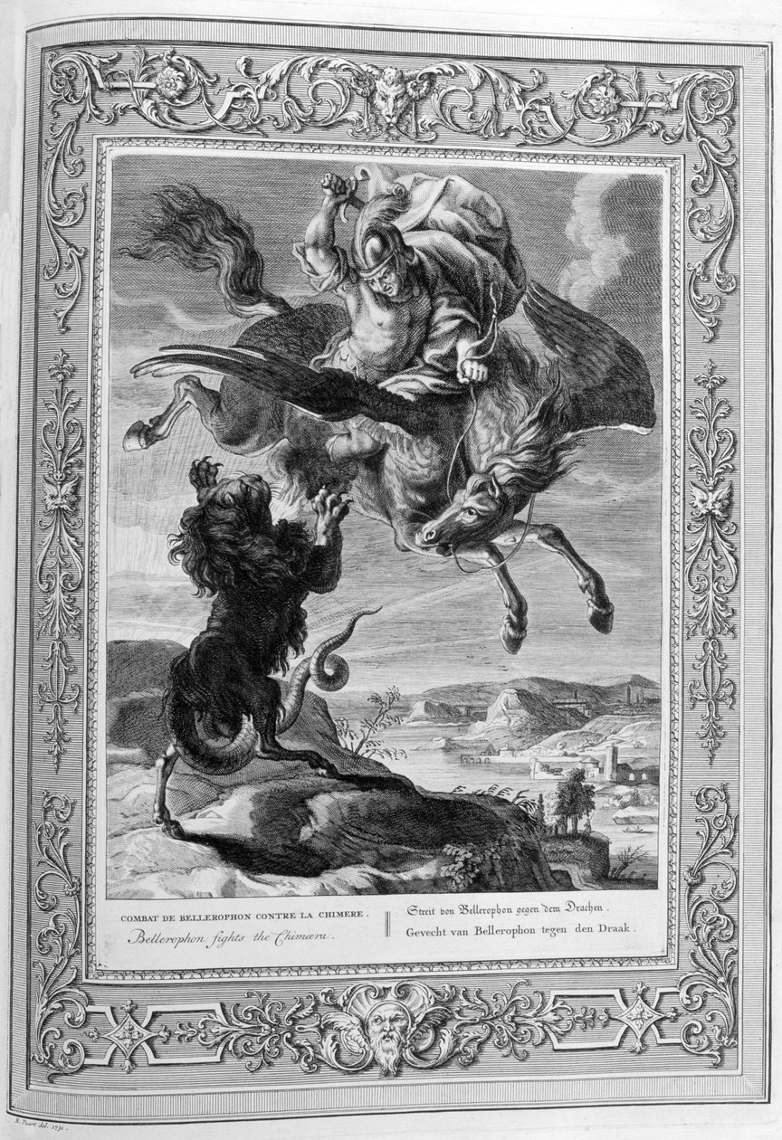 Bellerophon tappoi kimeerin (kaiverrus) tekijältä Bernard Picart
