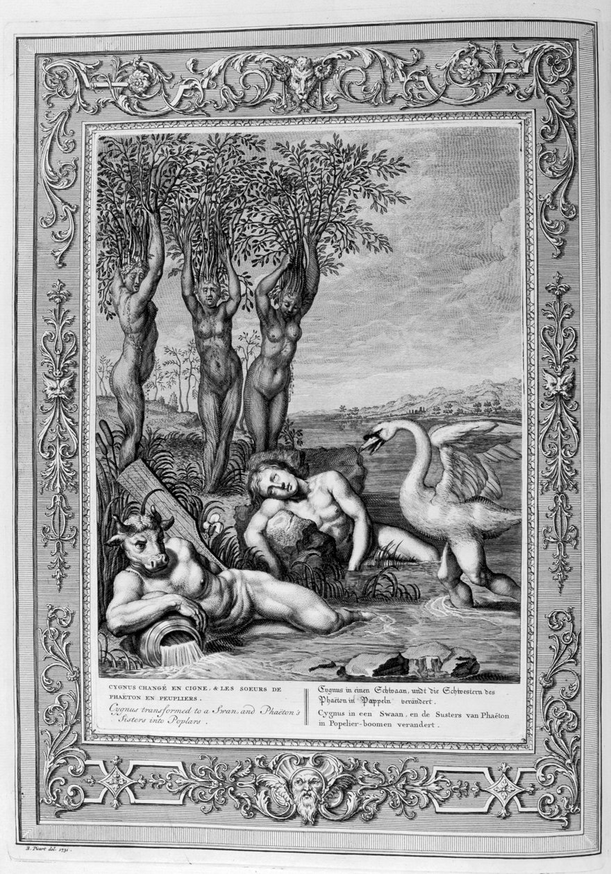 Cygnus muuttui joutseneksi ja Phaetonin sisaret poppeleiksi, 1733 tekijältä Bernard Picart