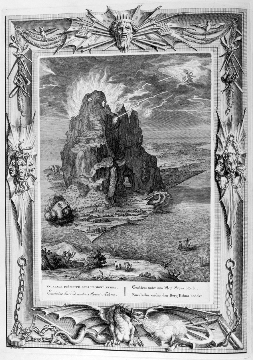 Enceladus haudattu Etna-vuoren alle, 1733 tekijältä Bernard Picart