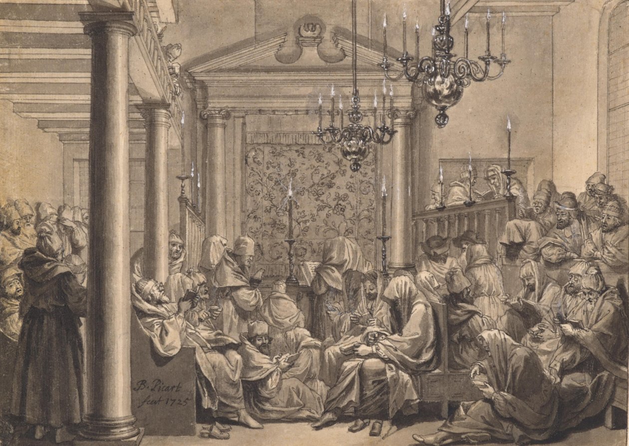 Suuri sovituspäivä Obbene-synagogassa Amsterdamissa tekijältä Bernard Picart