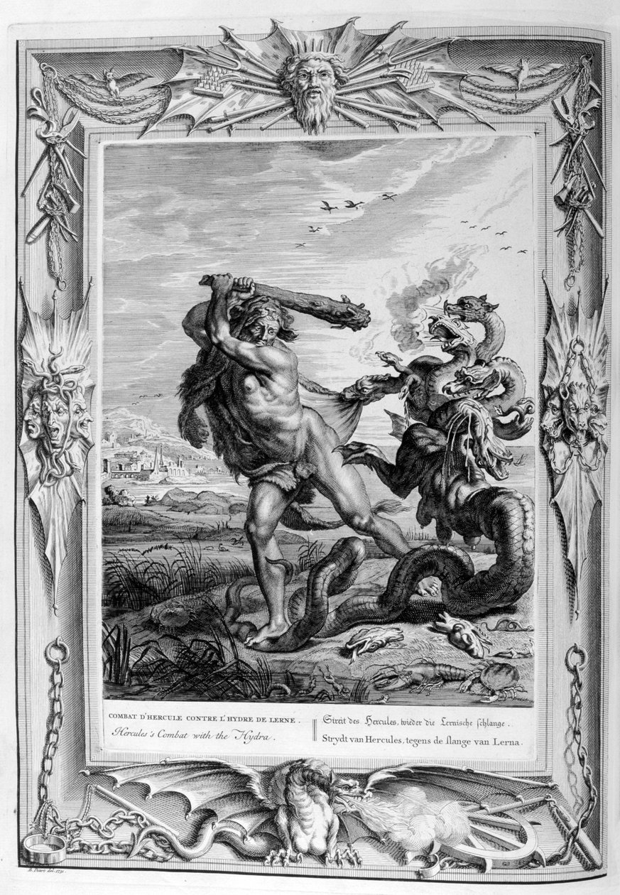 Herkules taistelee Lernian hydraa vastaan, 1733 tekijältä Bernard Picart