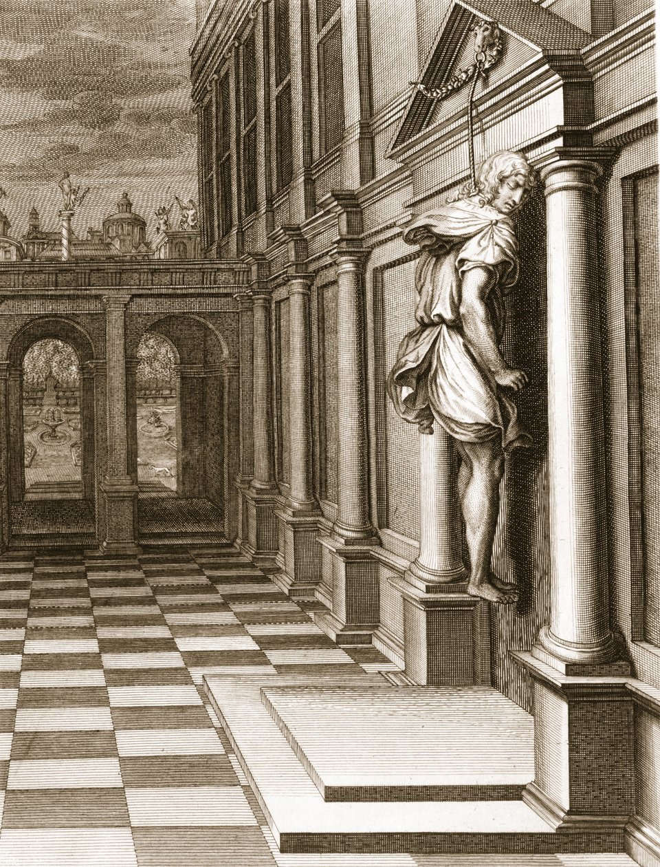 Iphis hirttää itsensä epätoivoon, koska hän ei voinut voittaa Anaxaretea, 1731 tekijältä Bernard Picart