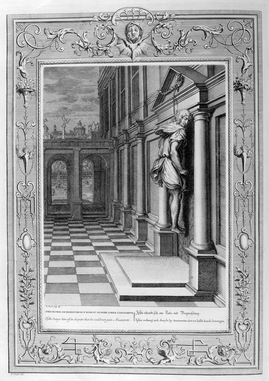 Iphis hirttää itsensä epätoivoisena, koska hän ei voinut saada Anaxaretea, 1733 tekijältä Bernard Picart