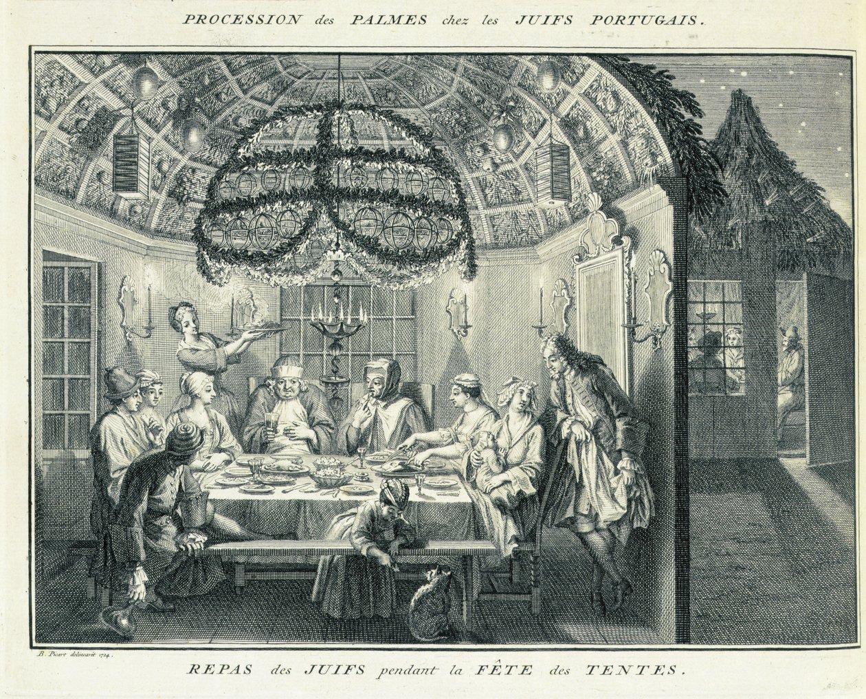 Juutalainen ateria tabernaakkelijuhlan aikana, kuvitus teoksesta "Uskonnolliset seremoniat ja tavat", 1724 tekijältä Bernard Picart