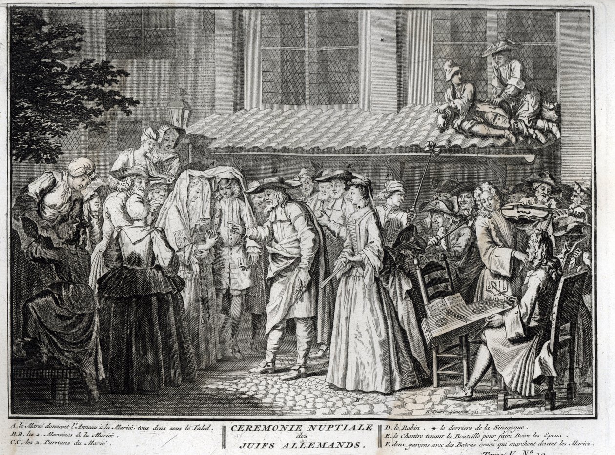 Juutalaiset häät juutalaissaksalaisessa yhteisössä Bernard Picartin (1723-1743) kaiverrus "" Illustration de ceremonies et customs religieuses de les peuples du monde" tekijältä Bernard Picart