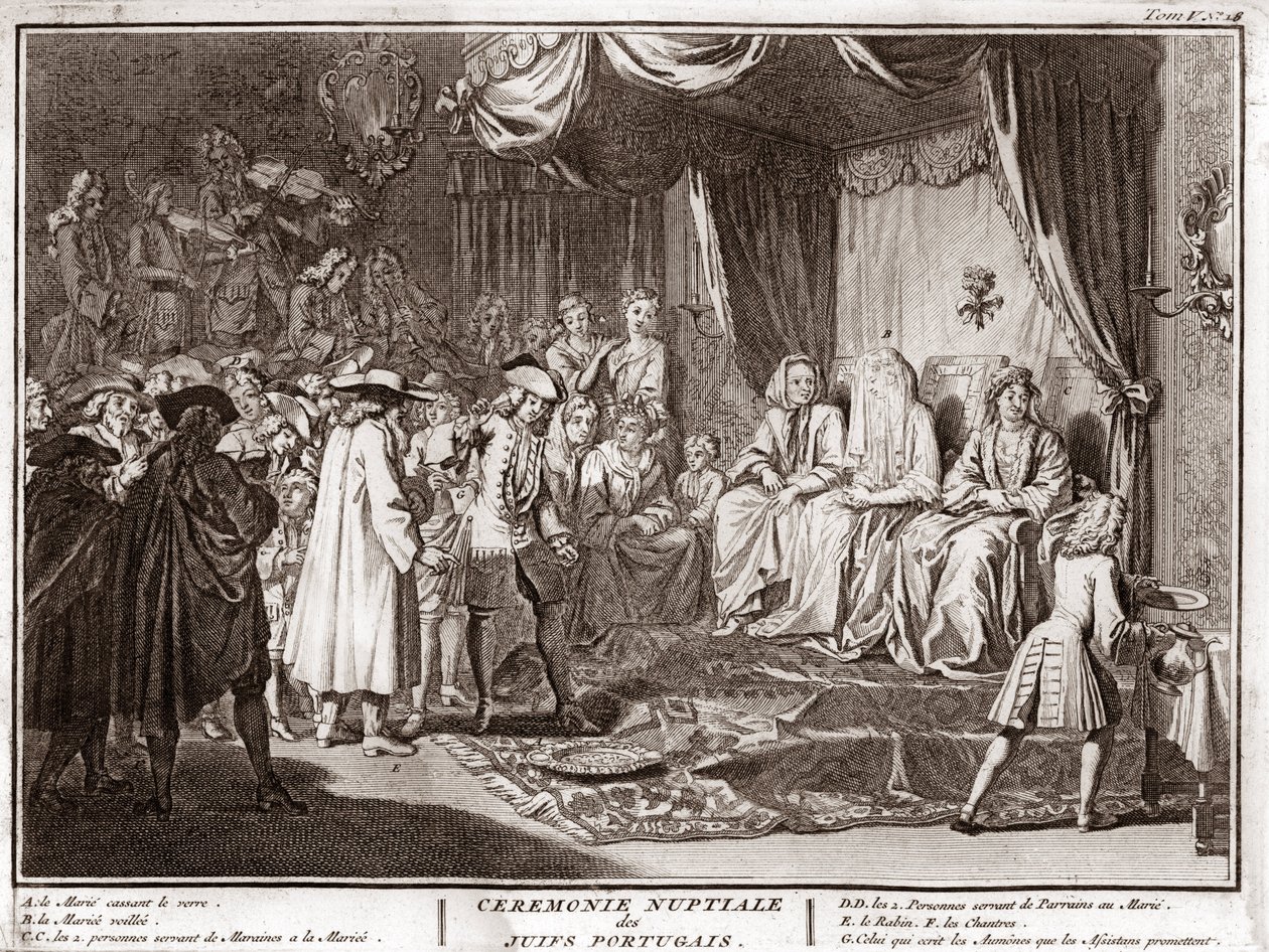 Juutalaiset häät portugalilaisessa juutalaisessa yhteisössä Kaiverrus aiheesta "" Kuvitus maailman kaikkien kansojen seremonioista ja uskonnollisista tavoista"" Bernard Picart (1723-1743) 1819 Yksityinen kokoelma tekijältä Bernard Picart