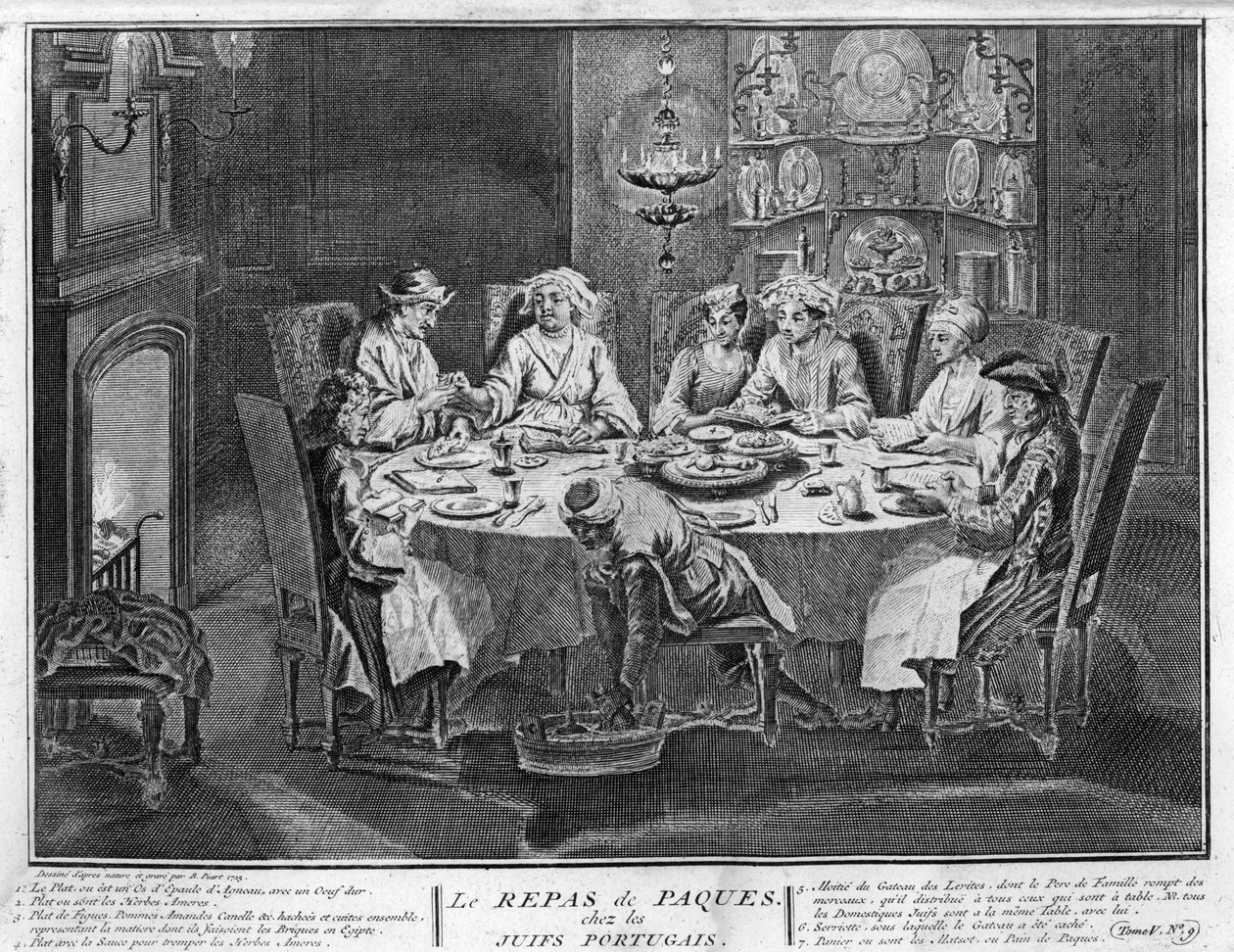 Juutalaisuus: Pääsiäisen juhla (tai pesach) juutalaisessa portugalilaisyhteisössä Kaiverrus Bernard Picartin (1723-1743) kuvasta "" Illustration de ceremonies et customs religieuses de tous les peuples du monde"" 1819 Yksityinen kokoelma tekijältä Bernard Picart