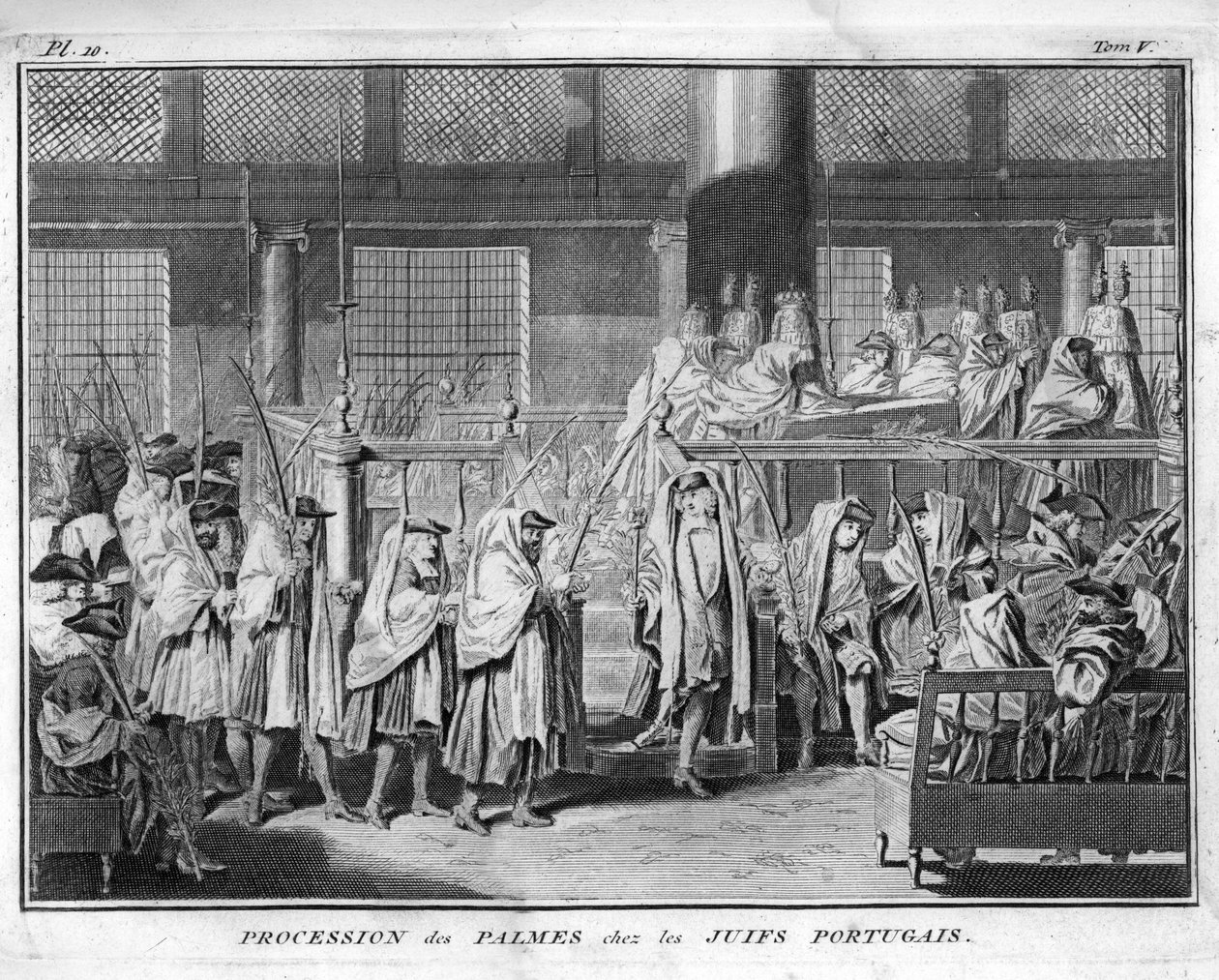 Juutalaisuus: Portugalin juutalaisessa yhteisössä juhlittu palmukulkue Kaiverrus Bernard Picartin (1723-1743) kuvasta "" Illustration de ceremonies et customs religieuses de tous les peuples du monde" 1819 Yksityinen kokoelma tekijältä Bernard Picart