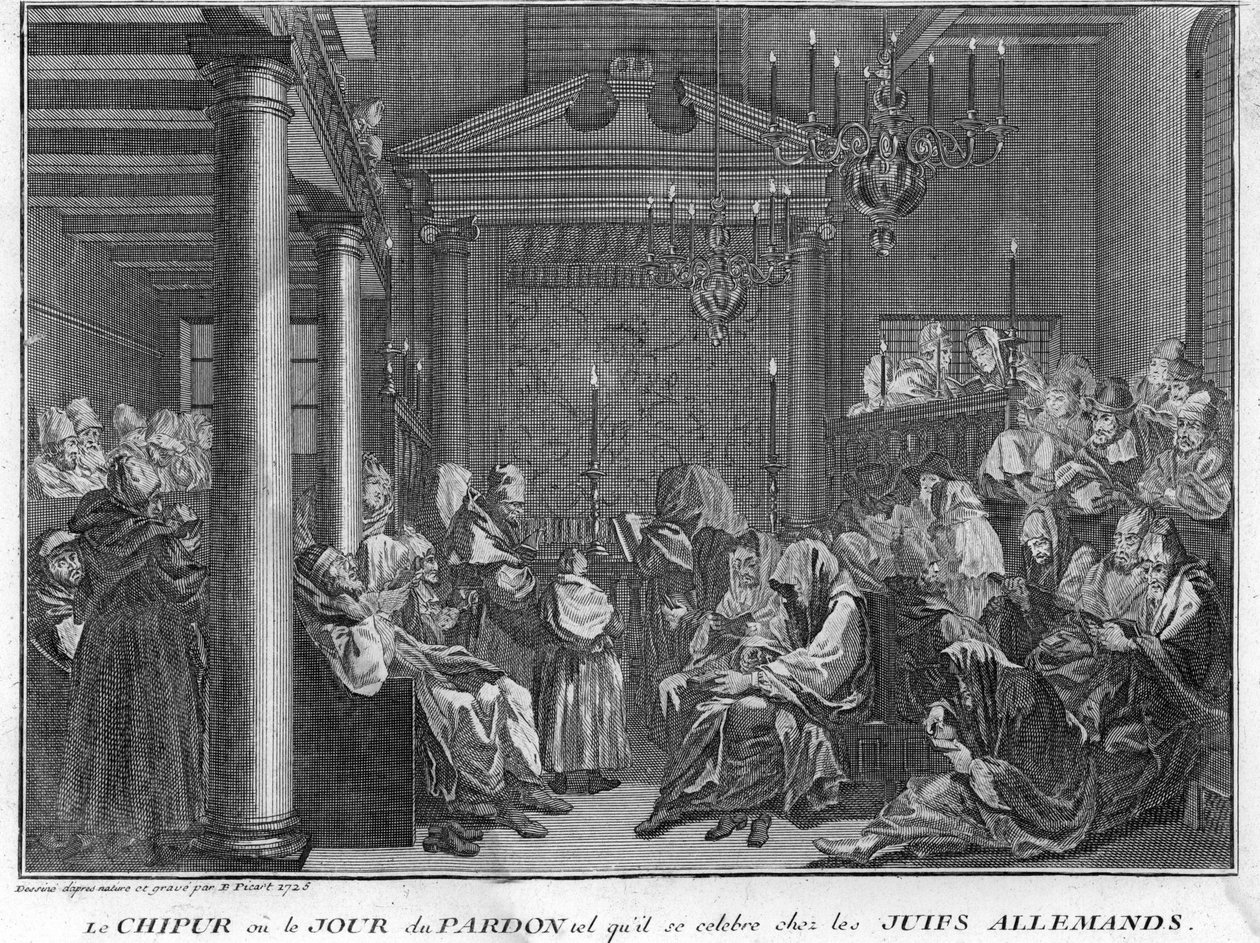 Juutalaisuus: Chipurin juhla Saksan juutalaisten keskuudessa (Yom Kippur, juutalaisten sovituspäivä) Kaiverrus Bernard Picartin (1723-1743) "Seremonioiden ja uskonnollisten tapojen kuvauksesta" Bernard Picartin (1723-1743) 1819 Yksityinen kokoelma tekijältä Bernard Picart