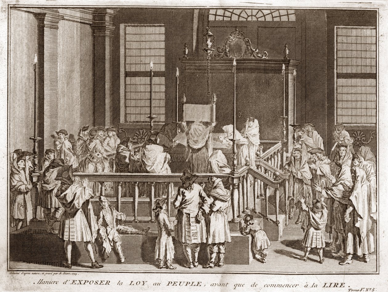 Juutalaisuus: Tooran esittely synagogassa ennen lukemista) Kaiverrus Bernard Picartin (1723-1743) kuvasta "Illustration de ceremonies et customs religieuses de tous les peuples du monde" 1819 Yksityinen kokoelma tekijältä Bernard Picart