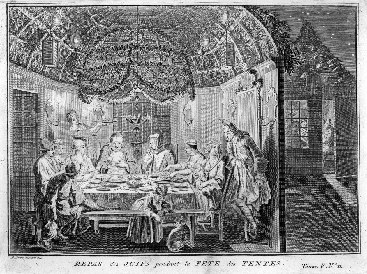 Juutalaisuus: ateria juutalaisille Sukkot (succot tai Sukkos) tabernaakkeleiden tai koppien juhlan aikana) Kaiverrus Bernard Picartin (1723-1743) kuvista "Illustration de ceremonies et customs religieuses de tous les peuples du monde" 1819 Yksityinen kokoe tekijältä Bernard Picart