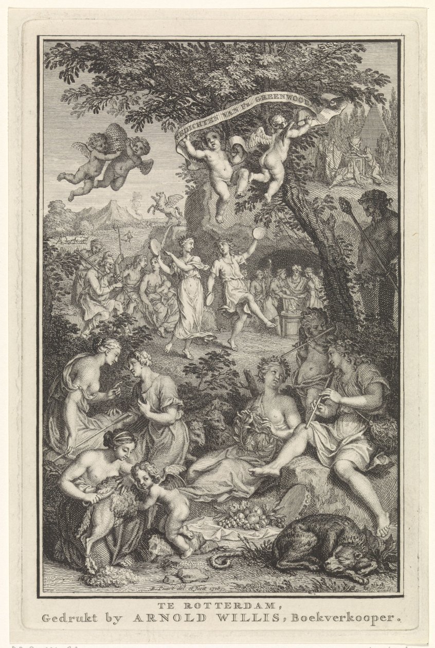 Maisema paimenten ja paimentyttärien kanssa Nimisivu: F. Greenwood, Runot, 1719 tekijältä Bernard Picart