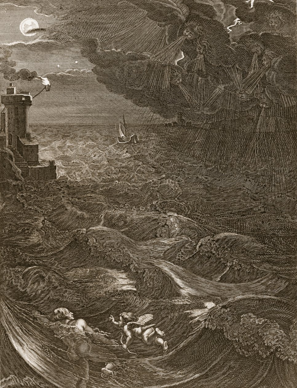 Leander ui Hellespontin yli tavatakseen rakastajatar sankarinsa, 1730 tekijältä Bernard Picart