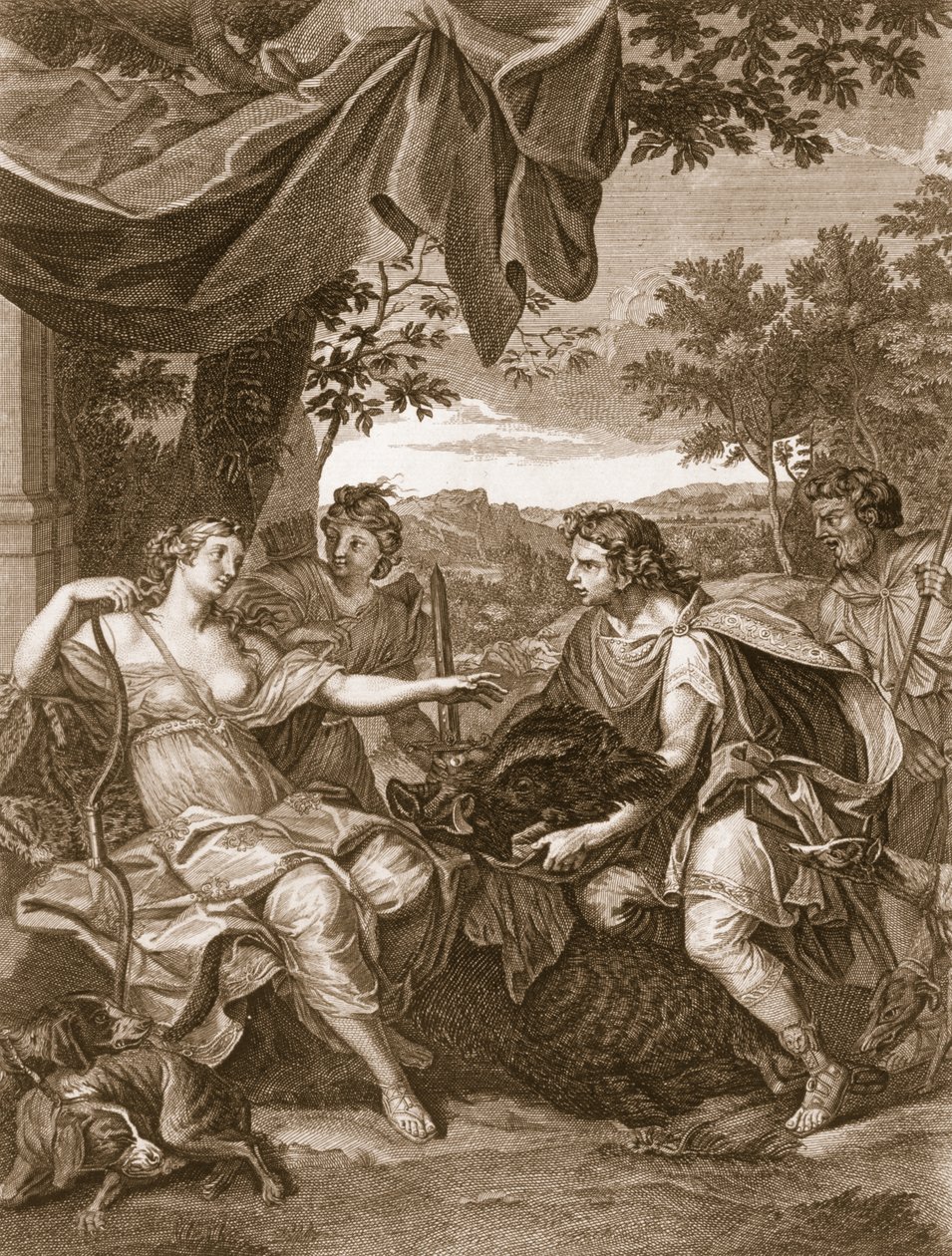 Meleager esittelee villisian pään Atalantalle, 1731 tekijältä Bernard Picart