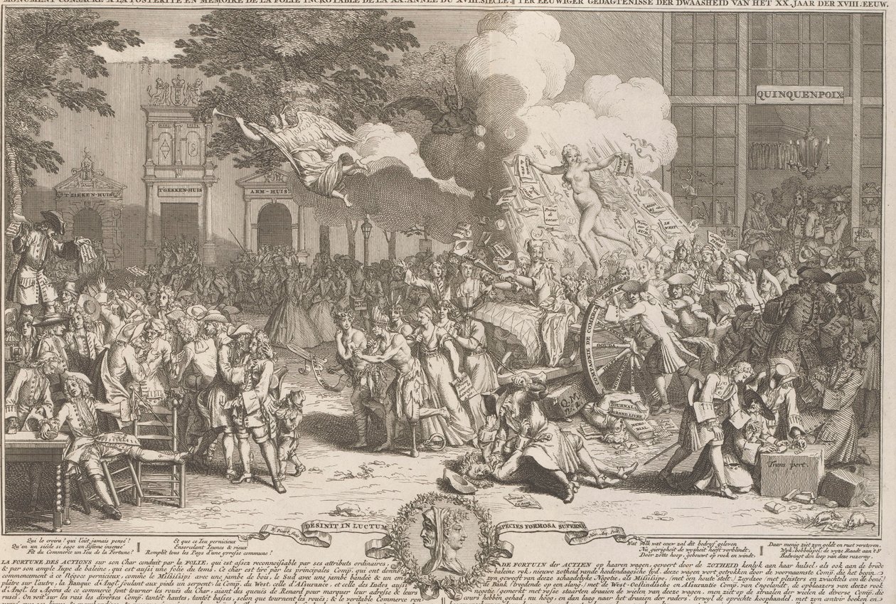 Muistomerkki vuoden 1720 hulluuden muistoksi Monument consacré a la posterité ja memoire de la foil incroyable de la XX. Anne du XVIII. siecle / XX:n hulluuden ikuiseen muistoon. vuosi XVIII. vuosisadan (nimi esineessä) huh tekijältä Bernard Picart