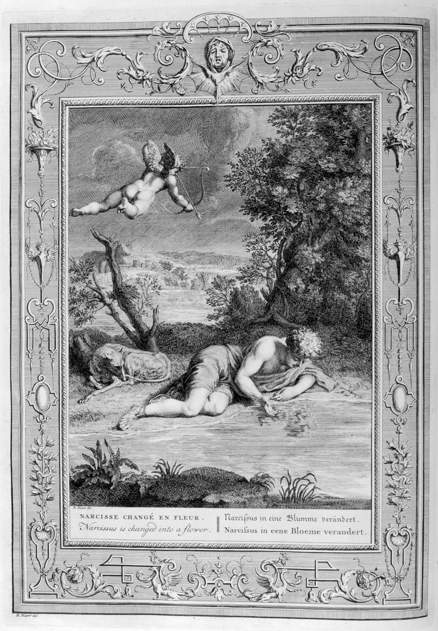 Narcissus rakastunut omaan heijastukseensa, 1733 tekijältä Bernard Picart