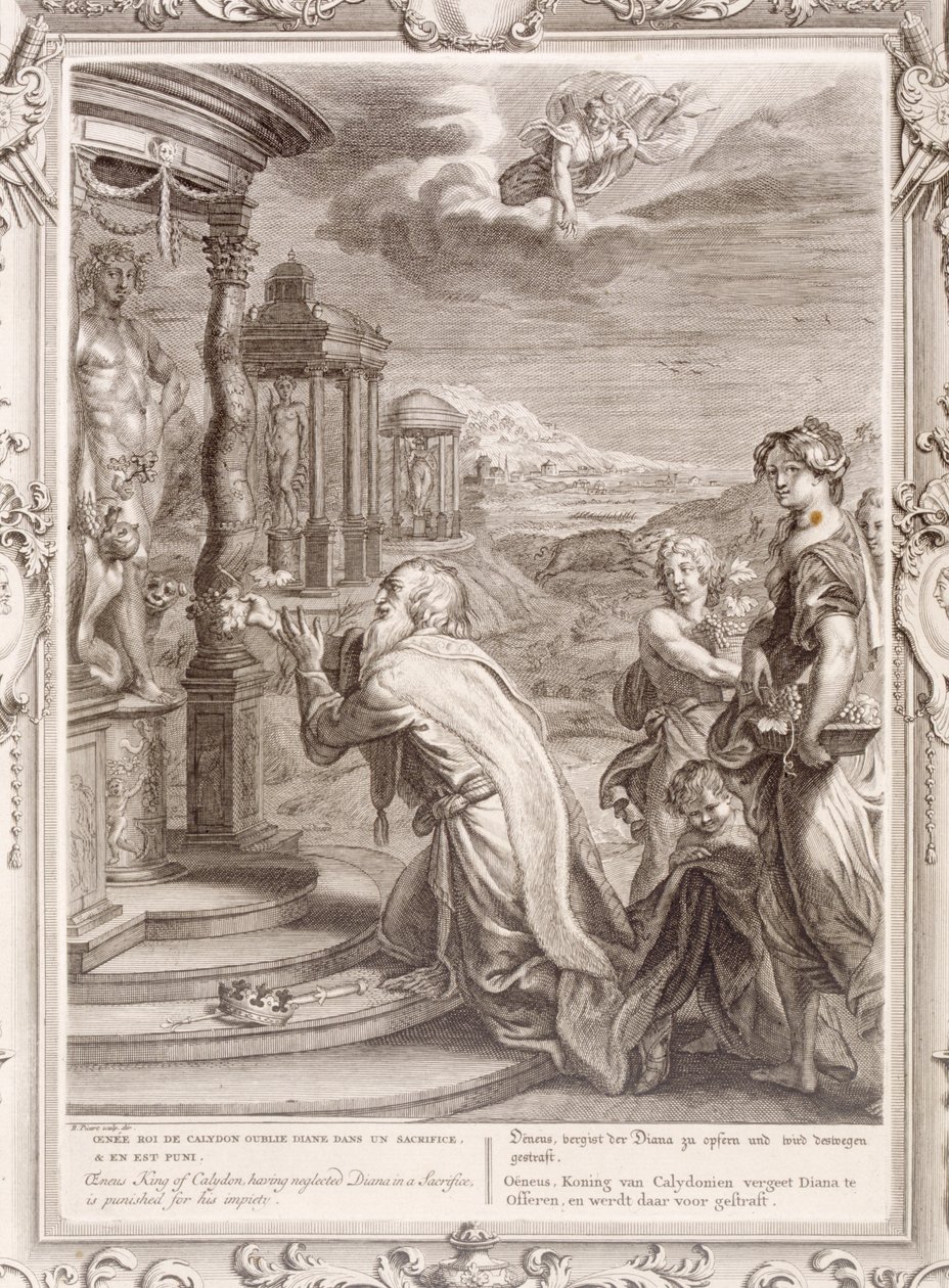 Kalydonin kuningas Oeneus, joka on laiminlyönyt Dianan uhrin, saa rangaistuksen epärehellisyydestään, 1731. tekijältä Bernard Picart