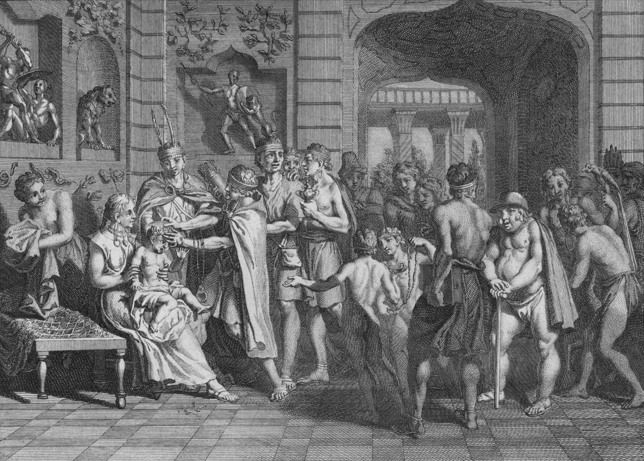 Hiukset leikataan ja Sons of LYncasille annetaan nimi, 1723. tekijältä Bernard Picart