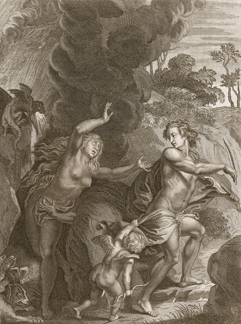 Orpheus, joka johtaa Eurydicen ulos helvetistä, katsoo takaisin häneen ja menettää hänet ikuisesti, 1731 tekijältä Bernard Picart
