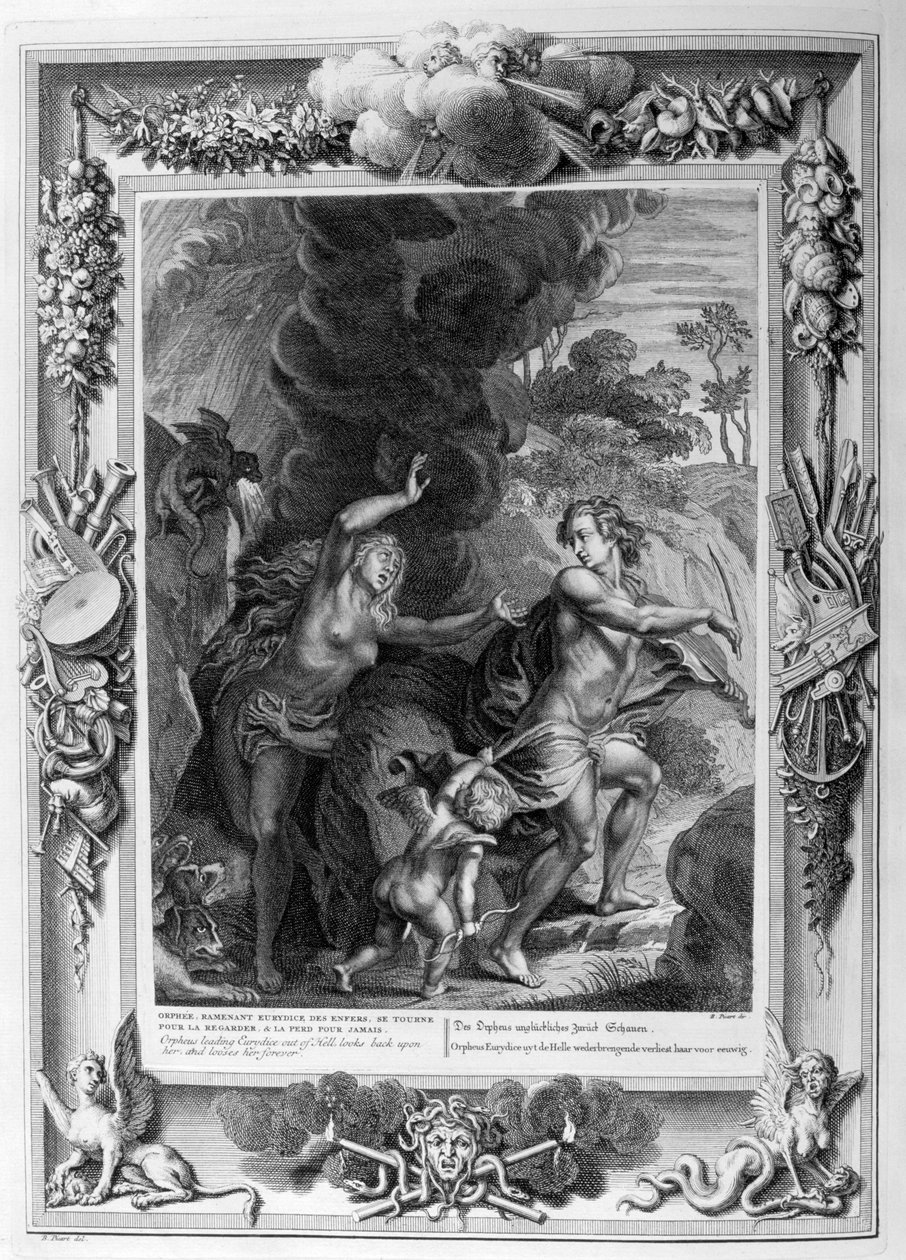 Orpheus, joka johdattaa Eurydiken pois helvetistä, katsoo häntä takaisin ja menettää hänet ikuisesti, 1733 tekijältä Bernard Picart