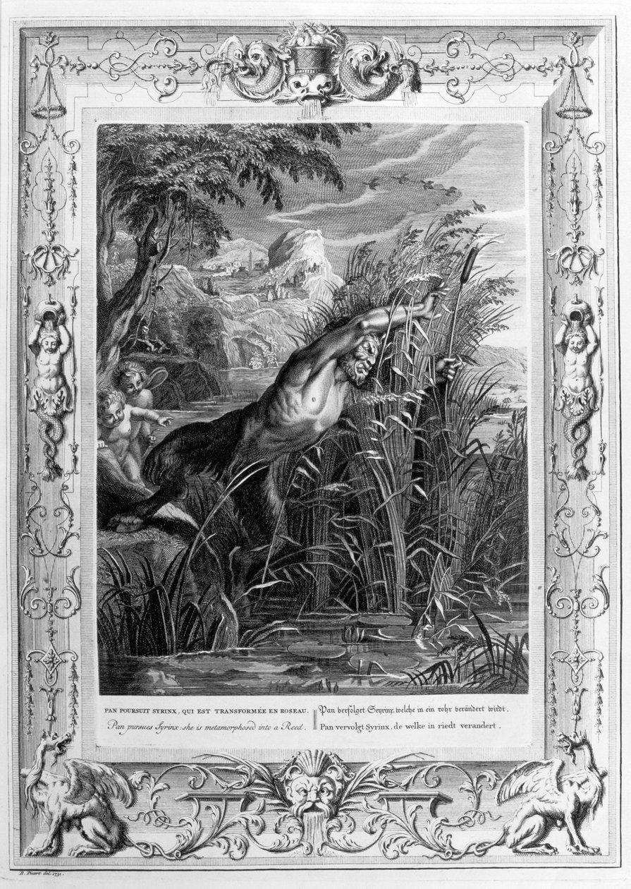 Pan jahtaa Syrinxiä, joka muuttuu ruokoksi, 1733 tekijältä Bernard Picart