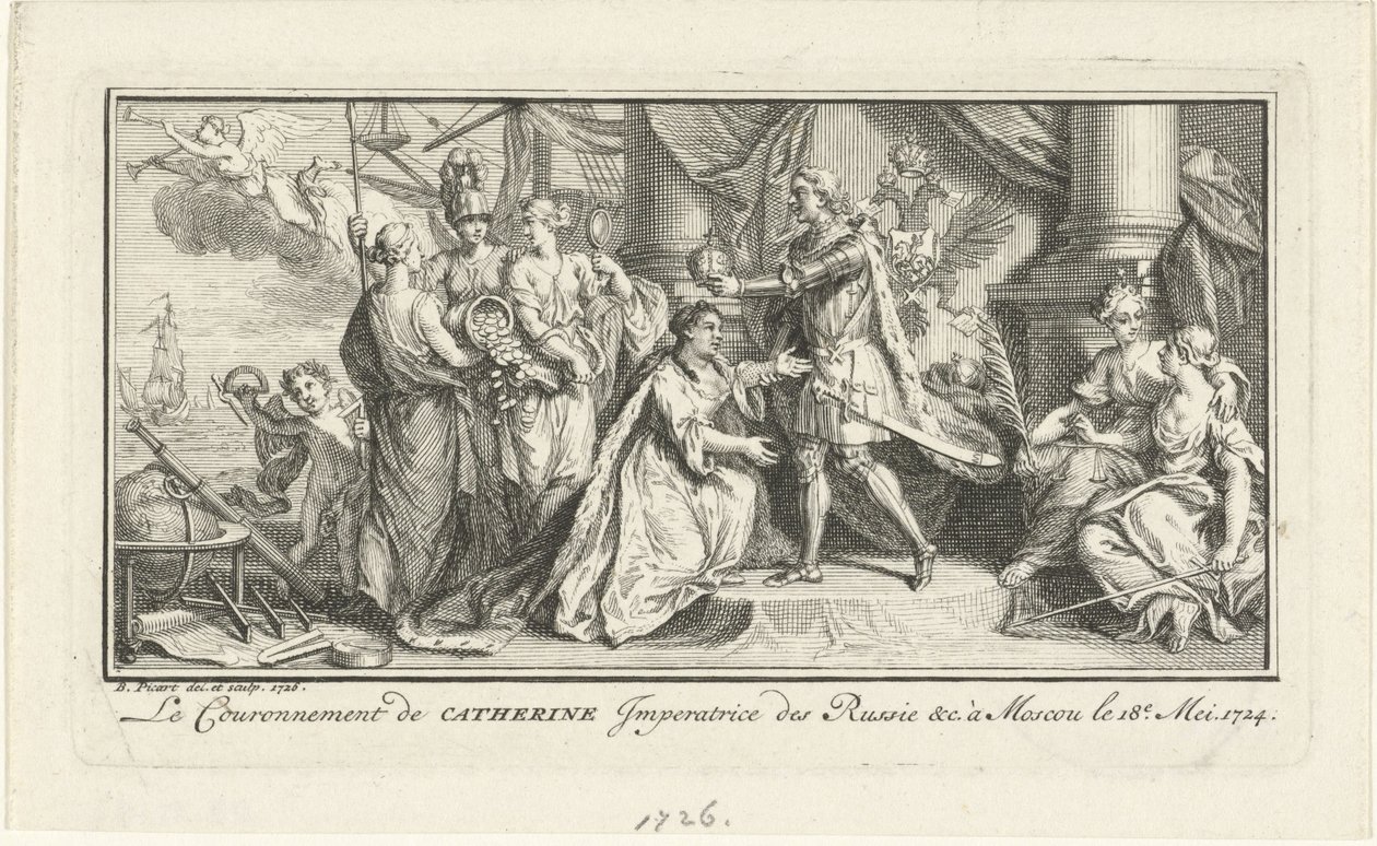 Pietari Suuri kruunaa vaimonsa Katariina I keisarinnaksi, 1726 tekijältä Bernard Picart