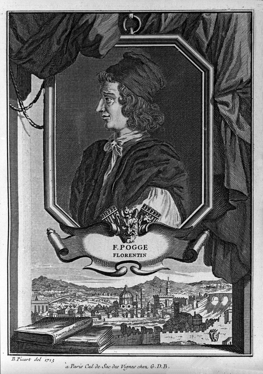 Giovanni Francesco Poggio Bracciolinin muotokuva, joka tunnetaan nimellä Le Pogge tai Le Pogge Florentin (1380-1459), italialainen humanisti, kaiverrus Bernard Picart, Pariisi tekijältä Bernard Picart
