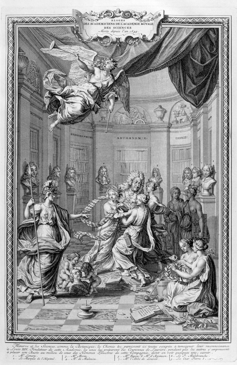 Kuninkaallisen tiedeakatemian akateemioiden ylistys... 1728 tekijältä Bernard Picart