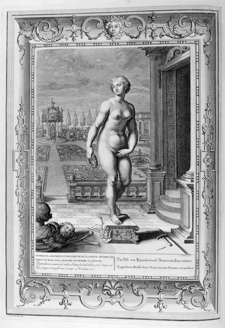 Pygmalion on ihastunut patsaan, jonka hän on tehnyt, 1733. tekijältä Bernard Picart
