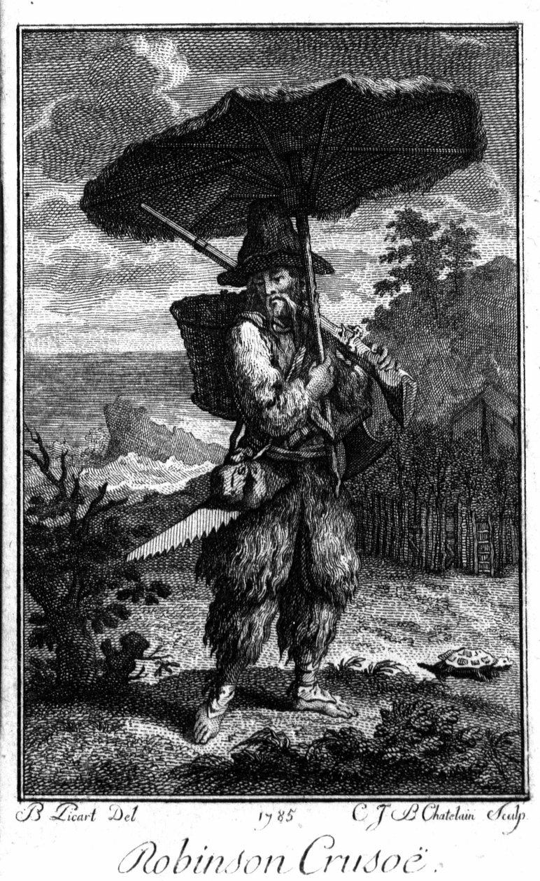 Edustus Robinson Crusoesta hänen autiomaassa. Bernard Picartin (1673-1733) kaiverrus, joka kuvaa Daniel Defoen tai De Foen (1660-1731) romaania tekijältä Bernard Picart