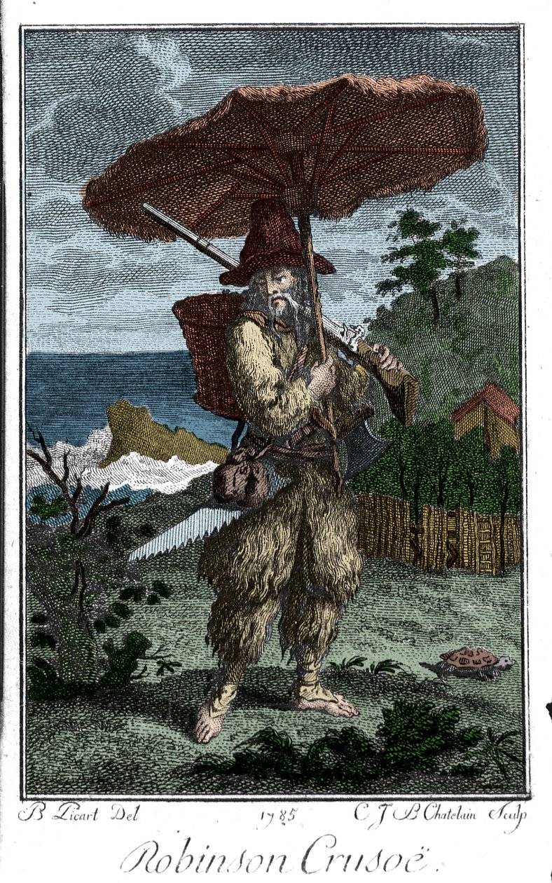 Edustus Robinson Crusoesta hänen autiomaassa. Bernard Picartin (1673-1733) kaiverrus, joka kuvaa Daniel Defoen tai De Foen (1660-1731) romaania tekijältä Bernard Picart
