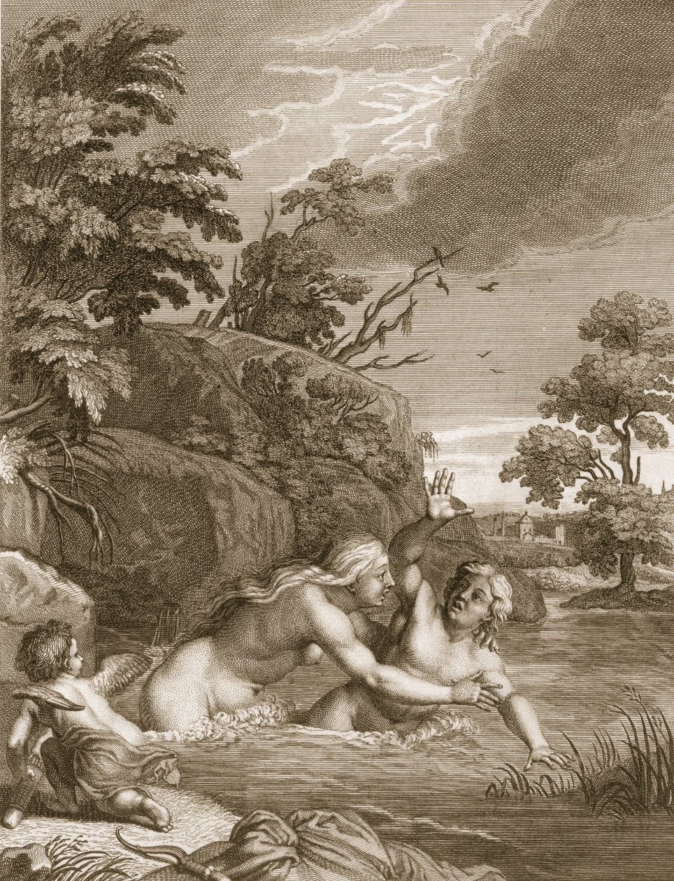 Salmacis ja Hemaphroditus yhdistyneet yhdeksi ruumiiksi, 1731 tekijältä Bernard Picart