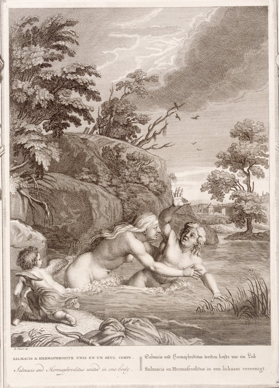 Salmacis ja Hemaphroditus yhdistyivät yhdessä ruumiissa, 1731 tekijältä Bernard Picart