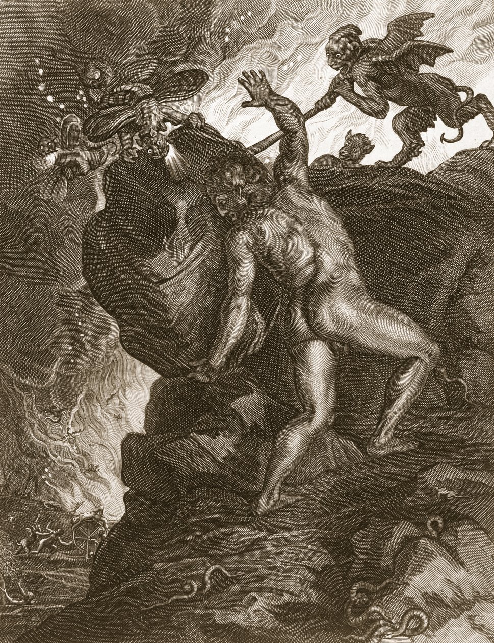 Sisyphus työntää kiviään vuorelle, 1731 tekijältä Bernard Picart