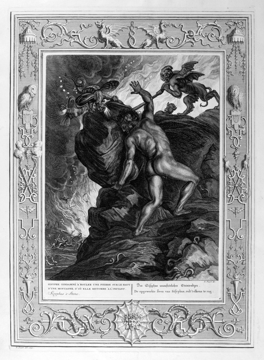 Sisyphus työntää kiveään vuorelle, 1733 tekijältä Bernard Picart