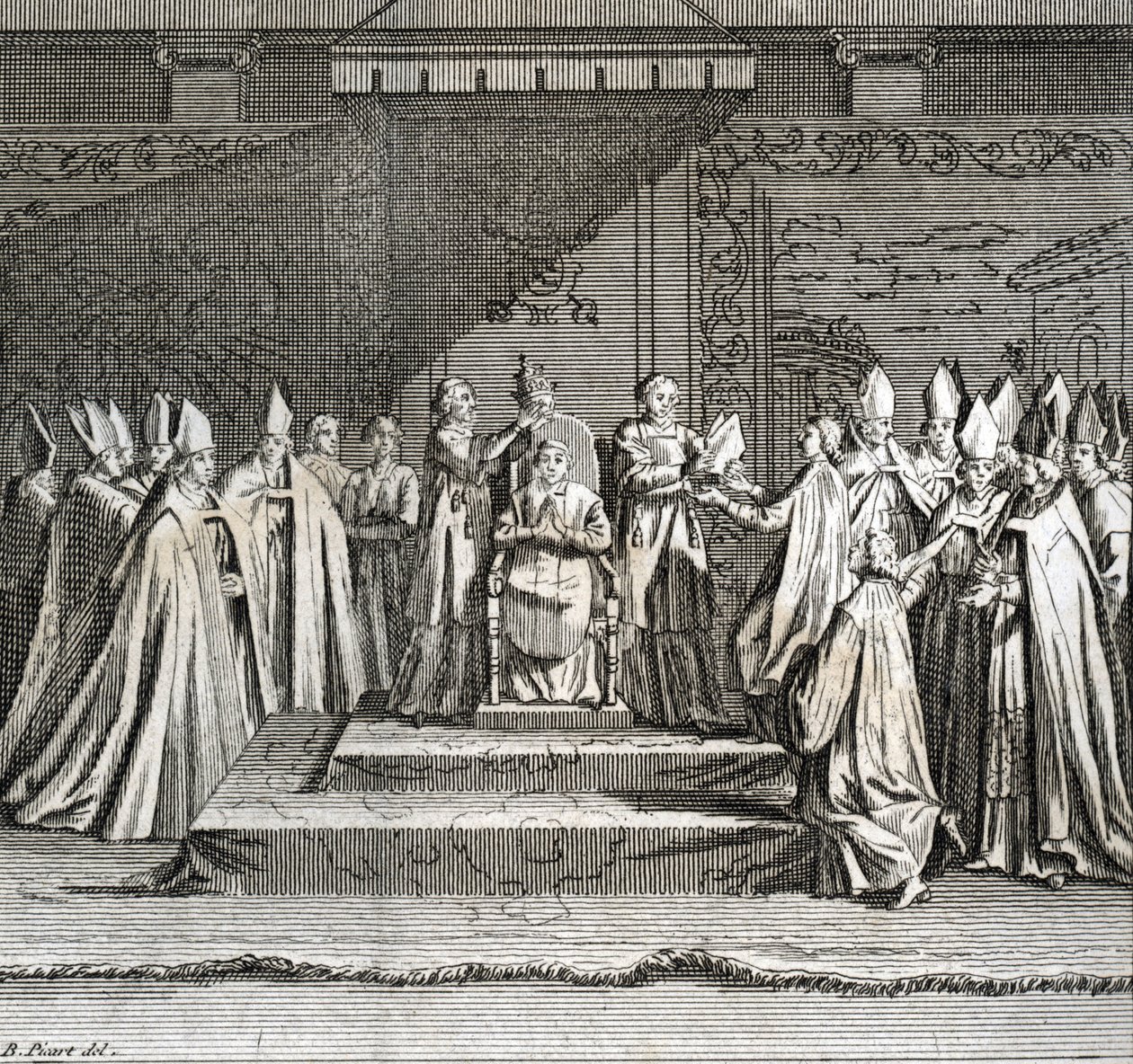 Paavin juhlallinen vihkiminen "" Representation du coronation du pope"" (paavin virkaanastujaiset: paavin kruunajaiset) Kaiverrus Bernard Picartin (1723-1743) kuvasta "Kuvaus maailman kaikkien kansojen seremonioista ja uskonnollisista tavoista" tekijältä Bernard Picart