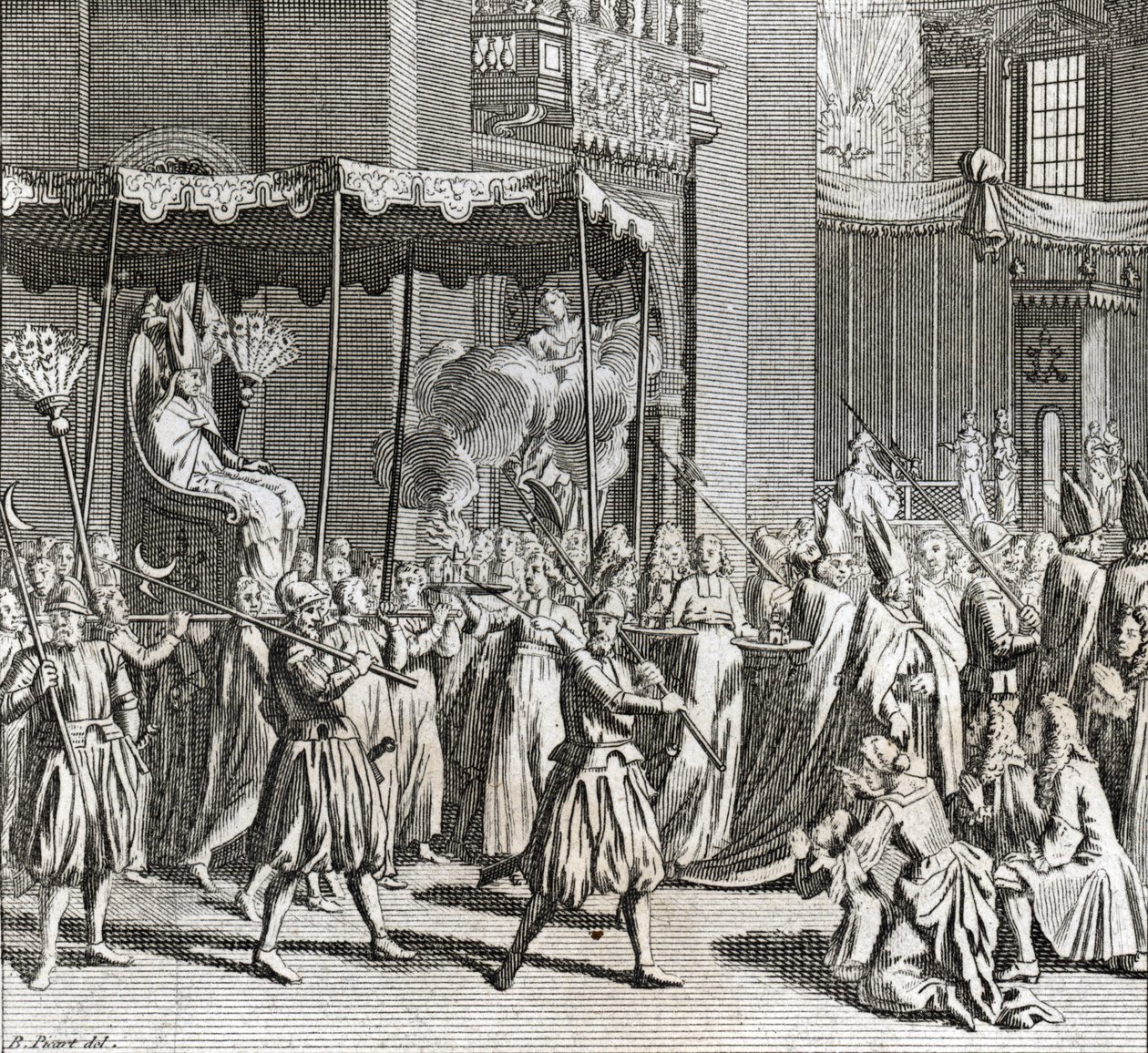Paavin juhlallinen vihkiminen: kankaan polttaminen) Kaiverrus Bernard Picartin (1723-1743) teoksesta "Illustration de ceremonies et customs religieuses de tous les peuples du monde" 1819 Yksityinen kokoelma tekijältä Bernard Picart