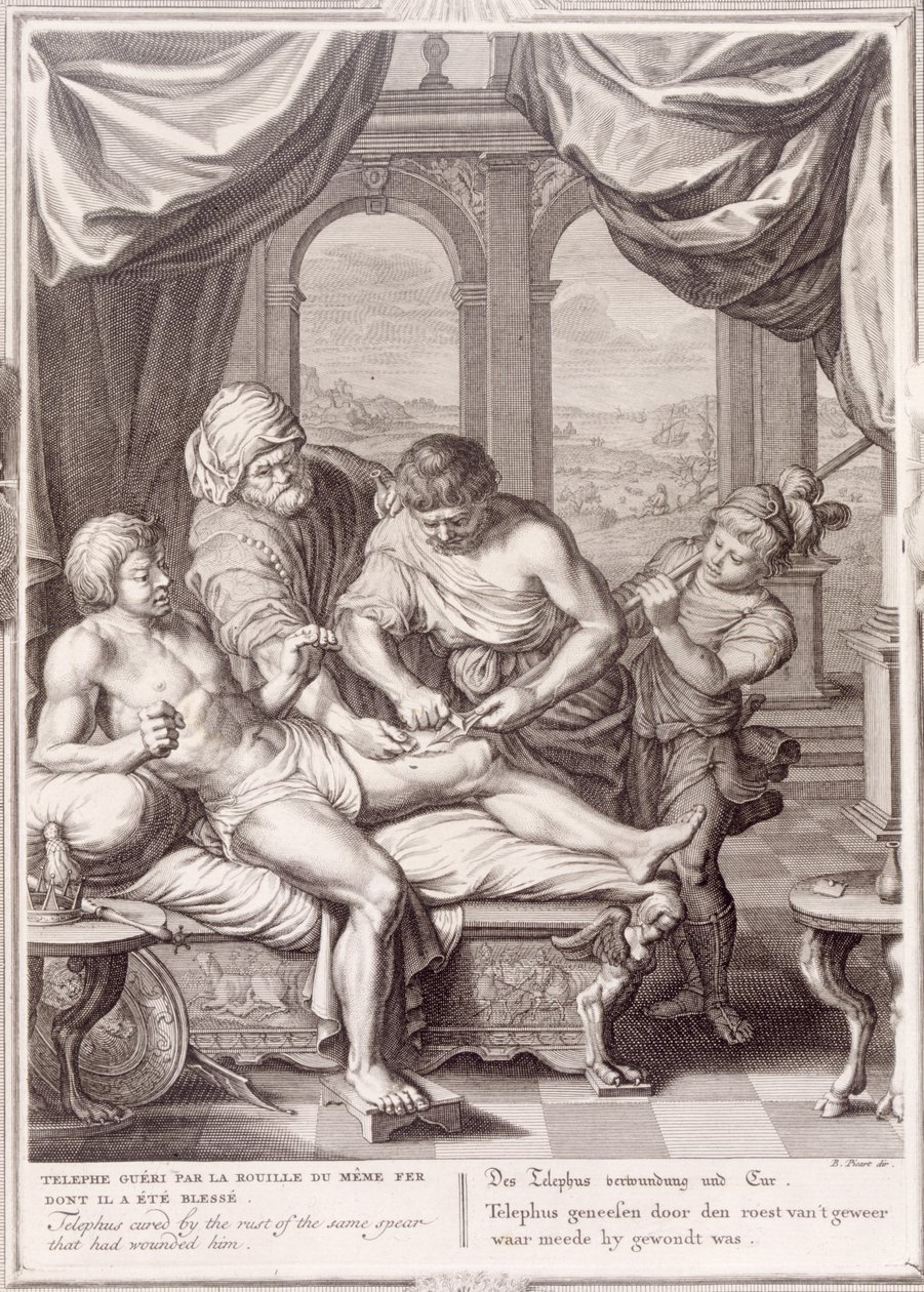 Telephus, jonka paransi saman keihään ruoste, joka haavoitti häntä, 1731 tekijältä Bernard Picart